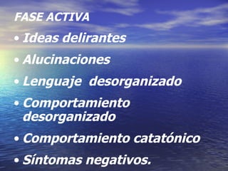 FASE ACTIVA Ideas delirantes  Alucinaciones Lenguaje  desorganizado Comportamiento  desorganizado Comportamiento catatónico  Síntomas negativos. 