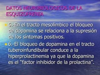 DATOS NEUR0BIOLOGICOS DE LA ESQUIZOFRENIA 5.-En el tracto mesolimbico el bloqueo de dopamina se relaciona a la supresión de los síntomas positivos. 6.-El bloqueo de dopamina en el tracto tuberoinfundibular conduce a la hiperprolactinemia ya que la dopamina es el “factor inhibidor de la prolactina”. 