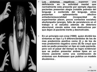 Los síntomas negativos:  suponen una deficiencia en la actividad mental que normalmente esta presente por ejemplo algunos pacientes presentan alogia (notable pobreza del lenguaje o contenido del lenguaje, otros presentan aplanamiento afectivo anhedonia/asocialidad (incapacidad de experimentar placer, pocos contactos sociales) abulia/apatia (anergia, falta de persistencia en el trabajo o el estudio) además de deterioro atencional, siendo estos mas destructivos por que dejan al paciente inerte y desmotivado. En un principio con crow (1980)  quien dividió los síntomas en tipo I y II diferenciándolos de los de mas predominio positivo como (I) y de los de mas predominio negativo como (II) Se creyó que solo se podía presentar un tipo en cada paciente, pero con el pasar del tiempo se logro evidenciar que se podían presentar ambos tipos en un mismo paciente como una combinación de síntomas con Andreasen que publica un modelo dicotómico  . 