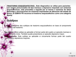 TRASTORNO ESQUIZOAFECTIVO:  Este diagnostico se utiliza para pacientes  con rasgos pronunciados de tipo maniaco o depresivo mezclado con síntomas esquizofrenicos. está precedida o seguida por al menos 2 semanas de ideas delirantes o alucinaciones sin síntomas importantes de alteración del estado de ánimo. El DSM-IV-TR reconoce el trastorno esquizoafectivo como una categoría aparte. Subtipos Pueden distinguirse dos subtipos de trastorno esquizoafectivo en base al componente afectivo del trastorno: Tipo bipolar.  Este subtipo es aplicable si forman parte del cuadro un episodio maníaco o un episodio mixto. También puede presentarse un episodio depresivo mayor. Tipo depresivo.  Este subtipo es aplicable si únicamente forman parte del cuadro episodios depresivos mayores. 