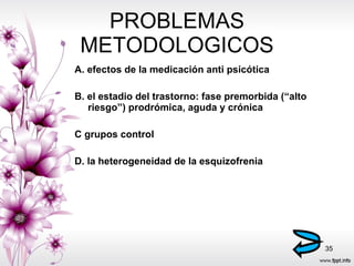 PROBLEMAS METODOLOGICOS A. efectos de la medicación anti psicótica B. el estadio del trastorno: fase premorbida (“alto riesgo”) prodrómica, aguda y crónica C grupos control  D. la heterogeneidad de la esquizofrenia 