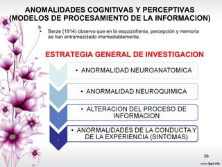 ANOMALIDADES COGNITIVAS Y PERCEPTIVAS (MODELOS DE PROCESAMIENTO DE LA INFORMACION) Berze (1914) observo que en la esquizofrenia, percepción y memoria se han entremezclado irremediablemente. ESTRATEGIA GENERAL DE INVESTIGACION 
