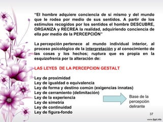 “ El hombre adquiere conciencia de sí mismo y del mundo que le rodea por medio de sus sentidos. A partir de los estímulos recogidos por los sentidos el hombre DESCUBRE, ORGANIZA y RECREA la realidad, adquiriendo conciencia de ella por medio de la PERCEPCIÓN”  La percepción pertenece al mundo individual interior, al proceso psicológico de la  interpretación  y al conocimiento de las cosas y los hechos; ruptura que es propia en la esquizofrenia por la alteración de: LAS LEYES  DE LA PERCEPCION GESTALT Ley de proximidad  Ley de igualdad o equivalencia Ley de forma y destino común (exigencias innatas) Ley de cerramiento (delimitación) Ley de la experiencia Ley de simetría Ley de continuidad Ley de figura-fondo Base de la percepción delirante 