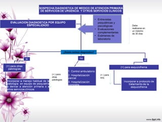Entrevistas psiquiátricas y psicológicas Evaluaciones complementarias Exámenes de laboratorio Debe realizarse en un máximo de 30 días ¿Existe certeza diagnostica? (+ ) para otras patologias (+ ) para ezq. 