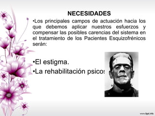 NECESIDADES Los principales campos de actuación hacia los que debemos aplicar nuestros esfuerzos y compensar las posibles carencias del sistema en el tratamiento de los Pacientes Esquizofrénicos serán: El estigma. La rehabilitación psicosocial 
