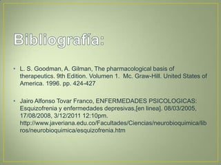 • L. S. Goodman, A. Gilman, The pharmacological basis of
  therapeutics. 9th Edition. Volumen 1. Mc. Graw-Hill. United States of
  America. 1996. pp. 424-427

• Jairo Alfonso Tovar Franco, ENFERMEDADES PSICOLOGICAS:
  Esquizofrenia y enfermedades depresivas,[en linea]. 08/03/2005,
  17/08/2008, 3/12/2011 12:10pm.
  http://www.javeriana.edu.co/Facultades/Ciencias/neurobioquimica/lib
  ros/neurobioquimica/esquizofrenia.htm
 