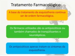 A base do tratamento da esquizofrenia continua
ser de ordem farmacológica.
Os fármacos utilizados são os antipsicóticos ou
também chamados de tranqüilizantes e
neurolépticos.
Os antipsicóticos apenas tratam os sintomas da
esquizofrenia.
Tratamento Farmacológico
 