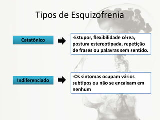 Tipos de Esquizofrenia
-Estupor, flexibilidade cérea,
postura estereotipada, repetição
de frases ou palavras sem sentido.
Catatônico
Indiferenciado
-Os sintomas ocupam vários
subtipos ou não se encaixam em
nenhum
 