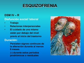 DSM IV – R
Disfunción social/ laboral:
• Trabajo
• Relaciones interpersonales
• El cuidado de uno mismo
están por debajo del nivel
previo al inicio del trastorno
Duración:
Persisten signos continuos de
la alteración durante al menos
6 meses.
(-) durante estos periodos
prodrómicos o residuales
 