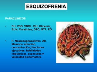 PARACLINICOS
• CH. VSG, VDRL, VIH, Glicemia,
BUN, Creatinina, GTO, GTP, PO.
• P. Neurocognoscitivas Alt.
Memoria, atención,
concentración, funciones
ejecutivas, habilidades
lingüisticas, espaciales y
velocidad psicomotora.
 