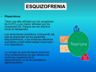 • Risperidona:
Tiene una alta afinidad por los receptores
de 5-HT2 y una menor afinidad por los
receptores D2. Parece ser tan efectiva
como el haloperidol.
Los desordenes psicóticos, incluyendo los
que se presentan en los pacientes
esquizofrénicos, y los síntomas afectivos
asociados a este enfermedad responden
a la risperidona.
La ventaja de este fármacos sobre los
otros antipsicóticos es que reduce los
síntomas negativos de la
esquizofrenia, no se ha asociado a
agranulocitosis.
 