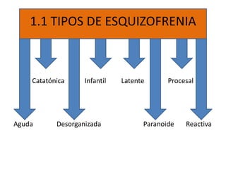 1.1 TIPOS DE ESQUIZOFRENIA

Catatónica

Aguda

Infantil

Desorganizada

Latente

Procesal

Paranoide

Reactiva

 