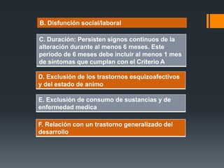 B. Disfunción social/laboral 
C. Duración: Persisten signos continuos de la 
alteración durante al menos 6 meses. Este 
periodo de 6 meses debe incluir al menos 1 mes 
de síntomas que cumplan con el Criterio A 
D. Exclusión de los trastornos esquizoafectivos 
y del estado de animo 
E. Exclusión de consumo de sustancias y de 
enfermedad medica 
F. Relación con un trastorno generalizado del 
desarrollo 
 