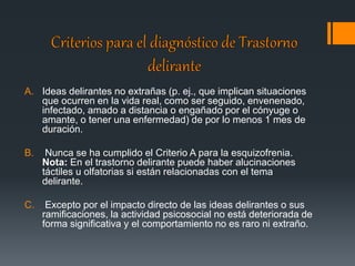 A. Ideas delirantes no extrañas (p. ej., que implican situaciones 
que ocurren en la vida real, como ser seguido, envenenado, 
infectado, amado a distancia o engañado por el cónyuge o 
amante, o tener una enfermedad) de por lo menos 1 mes de 
duración. 
B. Nunca se ha cumplido el Criterio A para la esquizofrenia. 
Nota: En el trastorno delirante puede haber alucinaciones 
táctiles u olfatorias si están relacionadas con el tema 
delirante. 
C. Excepto por el impacto directo de las ideas delirantes o sus 
ramificaciones, la actividad psicosocial no está deteriorada de 
forma significativa y el comportamiento no es raro ni extraño. 
 