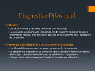  Delirium: 
Las alucinaciones y las ideas delirantes (son habituales) 
No se realiza un diagnóstico independiente de trastorno psicótico debido a 
enfermedad médica si la alteración aparece exclusivamente en el transcurso 
de un delirium. 
 Demencia tipo Alzheimer o de una demencia vascular: 
 Las ideas delirantes aparezcan en el transcurso de la demencia 
 se establece el diagnóstico de demencia tipo Alzheimer o demencia vascular 
del subtipo con ideas delirantes y no se establece un diagnóstico 
independiente de trastorno psicótico debido a enfermedad médica. 
 