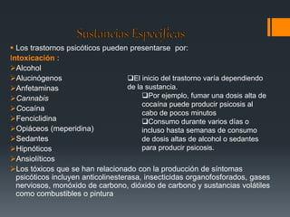  Los trastornos psicóticos pueden presentarse por: 
Intoxicación : 
Alcohol 
Alucinógenos 
El inicio del trastorno varía dependiendo 
Anfetaminas 
de la sustancia. 
Cannabis 
Por ejemplo, fumar una dosis alta de 
cocaína puede producir psicosis al 
Cocaína 
cabo de pocos minutos 
Fenciclidina 
Consumo durante varios días o 
Opiáceos (meperidina) 
incluso hasta semanas de consumo 
Sedantes 
de dosis altas de alcohol o sedantes 
Hipnóticos 
para producir psicosis. 
Ansiolíticos 
Los tóxicos que se han relacionado con la producción de síntomas 
psicóticos incluyen anticolinesterasa, insecticidas organofosforados, gases 
nerviosos, monóxido de carbono, dióxido de carbono y sustancias volátiles 
como combustibles o pintura 
 
