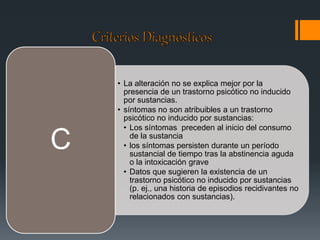 • La alteración no se explica mejor por la 
presencia de un trastorno psicótico no inducido 
por sustancias. 
• síntomas no son atribuibles a un trastorno 
psicótico no inducido por sustancias: 
• Los síntomas preceden al inicio del consumo 
de la sustancia 
• los síntomas persisten durante un período 
sustancial de tiempo tras la abstinencia aguda 
o la intoxicación grave 
• Datos que sugieren la existencia de un 
trastorno psicótico no inducido por sustancias 
(p. ej., una historia de episodios recidivantes no 
relacionados con sustancias). 
C 
 
