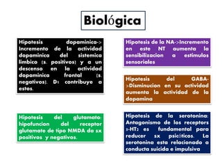 Hipotesis dopaminica->
Incremento de la actividad
dopaminica del sistemica
limbico (s. positivos) y a un
descenso en la actividad
dopaminica frontal (s.
negativos). D1 contribuye a
estos.
Biológica
Hipotesis de la NA->Incremento
en este NT aumenta la
sensibilizacion a estimulos
sensoriales
Hipotesis del GABA-
>Disminucion en su actividad
aumenta la actividad de la
dopamina
Hipotesis de la serotonina:
Antagonismo de los receptors
5-HT2 es fundamental para
reducer sx psicóticos. La
serotonina esta relacionado a
conducta suicida e impulsiva
Hipotesis del glutamato:
hipofuncion del receptor
glutamate de tipo NMDA da sx
positivos y negativos.
 