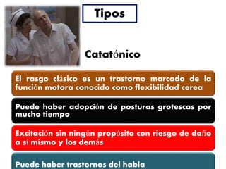 El rasgo clásico es un trastorno marcado de la
función motora conocido como flexibilidad cerea
Puede haber adopción de posturas grotescas por
mucho tiempo
Excitación sin ningún propósito con riesgo de daño
a sí mismo y los demás
Puede haber trastornos del habla
Tipos
Catatónico
 