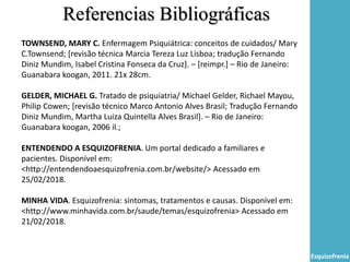 Referencias Bibliográficas
Esquizofrenia
TOWNSEND, MARY C. Enfermagem Psiquiátrica: conceitos de cuidados/ Mary
C.Townsend; [revisão técnica Marcia Tereza Luz Lisboa; tradução Fernando
Diniz Mundim, Isabel Cristina Fonseca da Cruz]. – [reimpr.] – Rio de Janeiro:
Guanabara koogan, 2011. 21x 28cm.
GELDER, MICHAEL G. Tratado de psiquiatria/ Michael Gelder, Richael Mayou,
Philip Cowen; [revisão técnico Marco Antonio Alves Brasil; Tradução Fernando
Diniz Mundim, Martha Luiza Quintella Alves Brasil]. – Rio de Janeiro:
Guanabara koogan, 2006 il.;
ENTENDENDO A ESQUIZOFRENIA. Um portal dedicado a familiares e
pacientes. Disponível em:
<http://entendendoaesquizofrenia.com.br/website/> Acessado em
25/02/2018.
MINHA VIDA. Esquizofrenia: sintomas, tratamentos e causas. Disponível em:
<http://www.minhavida.com.br/saude/temas/esquizofrenia> Acessado em
21/02/2018.
 