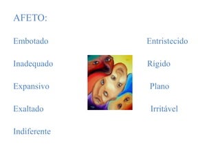 AFETO:
Embotado Entristecido
Inadequado Rígido
Expansivo Plano
Exaltado Irritável
Indiferente
 
