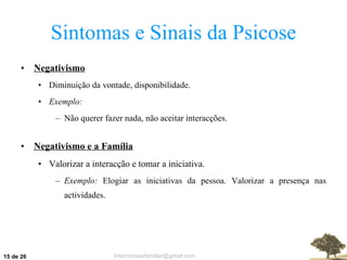 Sintomas e Sinais da Psicose Negativismo Diminuição da vontade, disponibilidade. Exemplo: Não querer fazer nada, não aceitar interacções. Negativismo e a Família Valorizar a interacção e tomar a iniciativa. Exemplo:  Elogiar as iniciativas da pessoa. Valorizar a presença nas actividades.  de 26 