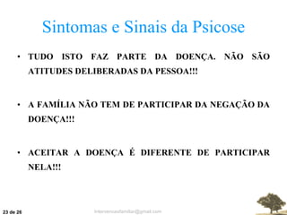 Sintomas e Sinais da Psicose TUDO ISTO FAZ PARTE DA DOENÇA. NÃO SÃO ATITUDES DELIBERADAS DA PESSOA!!! A FAMÍLIA NÃO TEM DE PARTICIPAR DA NEGAÇÃO DA DOENÇA!!! ACEITAR A DOENÇA É DIFERENTE DE PARTICIPAR NELA!!!  de 26 