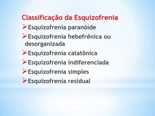 Classificação da Esquizofrenia
Esquizofrenia paranóide
Esquizofrenia hebefrênica ou
desorganizada
Esquizofrenia catatônica
Esquizofrenia indiferenciada
Esquizofrenia simples
Esquizofrenia residual
 