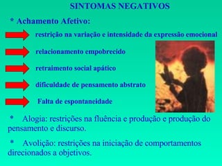 SINTOMAS NEGATIVOS * Achamento Afetivo:   restrição na variação e intensidade da expressão emocional relacionamento empobrecido retraimento social apático   dificuldade de pensamento abstrato   Falta de espontaneidade *  Alogia: restrições na fluência e produção e produção do pensamento e discurso. *  Avolição: restrições na iniciação de comportamentos direcionados a objetivos. 