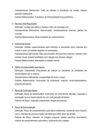 Características Definidoras: Falta de adesão a atividades de saúde, higiene
pessoal inadequada.
Fatores Relacionados: Transtorno de Personalidade Esquizofrênica
4. Mucosa Oral Prejudicada
Definição: Lesões nos lábios e tecidos moles da cavidade oral
Características Definidoras: Descamação, manchas/placas brancas, palidez da
mucosa.
Fatores Relacionados: Efeito Colateral de medicamentos.
5. Isolamento Social
Definição: Solidão experimentada pelo indivíduo e percebida como imposta por
outros e como um estado negativo ou ameaçador.
Características Definidoras: Não comunicativo, procura ficar sozinho, retraído, sem
contato visual, projeta hostilidade com relação aos demais colegas.
Fatores Relacionados: Alterações no estado mental.
6. Déficit no Autocuidado para banho
Definição: Capacidade Prejudicada de realizar ou completar as atividades de
banho/higiene por si mesmo.
Características Definidoras: incapacidade de lavar o corpo
Fatores Relacionados: diminuição da motivação, prejuízo musculoesquelético,
prejuízo perceptivo.
7. Risco de Confusão Aguda
Definição: Risco de perturbações reversíveis de consciência, atenção, cognição e
percepção que se desenvolvem em um curto período de tempo.
Fatores de Risco: Cognição prejudicada, drogas psicoativas.
8. Risco de Automutilação
Definição: Risco de comportamento auto lesivo deliberado, causando dano tissular,
com a intenção de provocar lesão não fatal para obter alívio de tensão.
Fatores de Risco: distúrbio na imagem corporal, estado psicótico alucinatório,
história de comportamento auto lesivo, isolamento dos colegas.

 