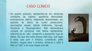 CASO CLÍNICO
• Ao exame psíquico, apresentou-se em péssimas
condições de higiene, aparência descuidada,
embotamento afetivo, totalmente desorientado, em
episódio de delírio de cunho persecutório,
alucinações visuais, atitude indiferente, hipovigil,
hipotenaz e hipopragmático. Não demonstrava
vontade de conversar mas falava rapidamente,
referindo-se ao "cão", chegando a apresentar fuga de
idéias. Diz que não sabe porque está aqui, que lugar
é esse, que quer ir embora. Levanta-se, pede
dinheiro, roupas para ir embora, senta-se e volta a
falar no "cão" e de suas brigas com ele.
 