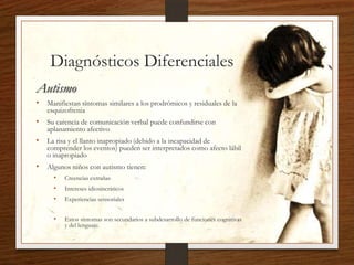 Diagnósticos Diferenciales
Autismo
• Manifiestan síntomas similares a los prodrómicos y residuales de la
esquizofrenia
• S...