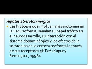 Hipótesis Serotoninérgica
 Las hipótesis que implican a la serotonina en
la Esquizofrenia, señalan su papel trófico en
el neurodesarrollo, su interacción con el
sistema dopaminérgico y los efectos de la
serotonina en la corteza prefrontal a través
de sus receptores 5HT2A (Kapur y
Remington, 1996).
 