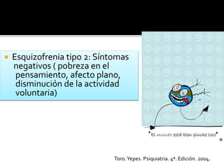  Esquizofrenia tipo 2: Síntomas
negativos ( pobreza en el
pensamiento, afecto plano,
disminución de la actividad
voluntaria)
Toro.Yepes. Psiquiatria. 4ª. Edición. 2004.
 