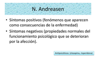 N. Andreasen
• Síntomas positivos (fenómenos que aparecen
como consecuencias de la enfermedad)
• Síntomas negativos (propiedades normales del
funcionamiento psicológico que se deterioran
por la afección).
Antipsicóticos: (clozapina, risperidona)
 