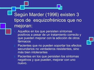 Según Marder (1996) existen 3
tipos de esquizofrénicos que no
mejoran:
1. Aquellos en los que persisten síntomas
positivos a pesar de un tratamiento correcto y
que pueden mejorar con la adicción de otros
fármacos
2. Pacientes que no pueden soportar los efectos
secundarios no verdaderos resistentes, sino
más bien intolerantes
3. Pacientes en los que persisten los síntomas
negativos y que pueden, mejorar con uno
nuevo.
 