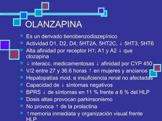 OLANZAPINA
 Es un derivado tienobenzodiazepínico
 Actividad D1, D2, D4; 5HT2A, 5HT2C, ↓ 5HT3, 5HT6
 Alta afinidad por receptor H1; A1 y A2 ↓ que
clozapina
 ↓ interacc. medicamentosas ↓ afinidad por CYP 450
 V/2 entre 27 y 36.6 horas ↑ en mujeres y ancianos
 Hepatopatías mod. e insuficiencia renal no afectadas
 Capacidad de ↓ síntomas negativos
 BPRS ↓ de síntomas en 11 % frente a 8 % del HLP
 Dosis altas provocan parkinsonismo
 No provoca ↑ de la prolactina
 ↑memoria inmediata y organización visual frente
 