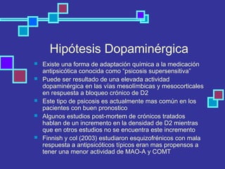 Hipótesis Dopaminérgica
 Existe una forma de adaptación química a la medicación
antipsicótica conocida como “psicosis supersensitiva”
 Puede ser resultado de una elevada actividad
dopaminérgica en las vías mesolímbicas y mesocorticales
en respuesta a bloqueo crónico de D2
 Este tipo de psicosis es actualmente mas común en los
pacientes con buen pronostico
 Algunos estudios post-mortem de crónicos tratados
hablan de un incremento en la densidad de D2 mientras
que en otros estudios no se encuentra este incremento
 Finnish y col (2003) estudiaron esquizofrénicos con mala
respuesta a antipsicóticos típicos eran mas propensos a
tener una menor actividad de MAO-A y COMT
 