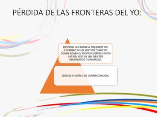 PÉRDIDA DE LAS FRONTERAS DEL YO:
DESCRIBE LA CARENCIA POR PARTE DEL
ENFERMO DE UN SENTIDO CLARO DE
DONDE ACABA EL PROPIO CUERPO E INICIA
LAS DEL REST DE LOS OBJETOS
INANIMADOS O ANIMADOS.
IDEA DE FUSIÓN O DE DESINTEGRACIÓN.
 