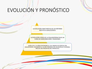 EVOLUCIÓN Y PRONÓSTICO
LA EVOLUCIÓN CARACTERÍSTICA DE LOS SÍNTOMAS
INICIA EN LA ADOLESCENCIA.
LA EVOLUCIÓN CLÁSICA DE LA ESQUIZAOFRENIA SIGUE UN
CURSO DE EXARCERBACIONES Y REMISIONES.
ENTRE LOS 5 Y 10 AÑOS POSTERIORES AL 1ER. INGRESO EN HOSPITAL POR
ESQUIZOFRENIA, UNICAMENTE EL 10-20% TERMINAN CON UN DESENLACE FAVORABLE.
MÁS DEL 50% PRESENTAN MAL PRONOSTICO.
 