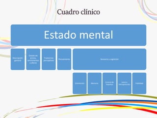 Estado mental
Descripción
general
Estado de
ánimo,
sentimientos
y afecto
Trastornos
perceptivos
Pensamiento Sensorio y cognición
Orientación Memoria
Control de
impulsos
Juicio e
introsprección
Fiabilidad
 