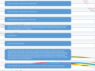 Episodios múltiples, actualmente en episodio agudo
Episodios múltiples, actualmente en remisión parcial
Episodios múltiples, actualmente en remisión total
Continuo: Los síntomas que cumplen los criterios de diagnóstico del trastorno están presentes durante la
mayor parte del curso de la enfermedad, con períodos sintomáticos por debajo del umbral que son muy
breves en comparación con el curso global.
No especificado
Especificar la gravedad actual:
La gravedad se clasifica según una evaluación cuantitativa de los síntomas primarios de psicosis que
incluye: delirios, alucinaciones, discurso desorganizado, comportamiento psicomotor anormal y síntomas
negativos. Cada uno de estos síntomas se puede clasificar por su gravedad actual (máxima gravedad en los
últimos siete días) sobre una escala de 5 puntos de 0 (ausente) a 4 (presente y grave). (Véase la escala
administrada por el clínico Dimensiones de la gravedad de los síntomas de psicosis en el capítulo “Medidas
de evaluación” en la Sección III del DSM-5.)
Nota: El diagnóstico de trastorno delirante se puede hacer sin utilizar este especificador de gravedad.
 
