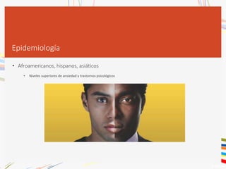 Epidemiología
• Afroamericanos, hispanos, asiáticos
• Niveles superiores de ansiedad y trastornos psicológicos
 