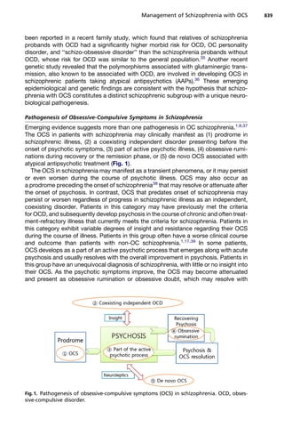 been reported in a recent family study, which found that relatives of schizophrenia
probands with OCD had a significantly higher morbid risk for OCD, OC personality
disorder, and ‘‘schizo-obsessive disorder’’ than the schizophrenia probands without
OCD, whose risk for OCD was similar to the general population.35
Another recent
genetic study revealed that the polymorphisms associated with glutaminergic trans-
mission, also known to be associated with OCD, are involved in developing OCS in
schizophrenic patients taking atypical antipsychotics (AAPs).36
These emerging
epidemiological and genetic findings are consistent with the hypothesis that schizo-
phrenia with OCS constitutes a distinct schizophrenic subgroup with a unique neuro-
biological pathogenesis.
Pathogenesis of Obsessive-Compulsive Symptoms in Schizophrenia
Emerging evidence suggests more than one pathogenesis in OC schizophrenia.1,8,37
The OCS in patients with schizophrenia may clinically manifest as (1) prodrome in
schizophrenic illness, (2) a coexisting independent disorder presenting before the
onset of psychotic symptoms, (3) part of active psychotic illness, (4) obsessive rumi-
nations during recovery or the remission phase, or (5) de novo OCS associated with
atypical antipsychotic treatment (Fig. 1).
The OCS in schizophrenia may manifest as a transient phenomena, or it may persist
or even worsen during the course of psychotic illness. OCS may also occur as
a prodrome preceding the onset of schizophrenia38
that may resolve or attenuate after
the onset of psychosis. In contrast, OCS that predates onset of schizophrenia may
persist or worsen regardless of progress in schizophrenic illness as an independent,
coexisting disorder. Patients in this category may have previously met the criteria
for OCD, and subsequently develop psychosis in the course of chronic and often treat-
ment-refractory illness that currently meets the criteria for schizophrenia. Patients in
this category exhibit variable degrees of insight and resistance regarding their OCS
during the course of illness. Patients in this group often have a worse clinical course
and outcome than patients with non-OC schizophrenia.1,17,39
In some patients,
OCS develops as a part of an active psychotic process that emerges along with acute
psychosis and usually resolves with the overall improvement in psychosis. Patients in
this group have an unequivocal diagnosis of schizophrenia, with little or no insight into
their OCS. As the psychotic symptoms improve, the OCS may become attenuated
and present as obsessive rumination or obsessive doubt, which may resolve with
Fig.1. Pathogenesis of obsessive-compulsive symptoms (OCS) in schizophrenia. OCD, obses-
sive-compulsive disorder.
Management of Schizophrenia with OCS 839
 