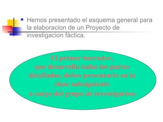 Hemos presentado el esquema general para la elaboracion de un Proyecto de investigacion fáctica. El primer borrador,  que desarrolla todas las partes  detalladas, debes presentarlo en la  clase subsiguiente  a cargo del grupo de investigacion. 