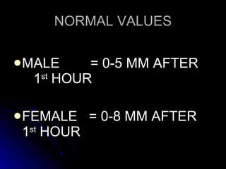 NORMAL VALUES MALE  = 0-5 MM AFTER  1 st  HOUR FEMALE  = 0-8 MM AFTER 1 st  HOUR 