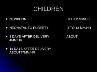 CHILDREN NEWBORN  0 TO 2 MM/HR NEONATAL TO PUBERTY  3 TO 13 MM/HR 8 DAYS AFTER DELIVERY  ABOUT 4MM/HR 14 DAYS AFTER DELIVERY  ABOUT17MM/HR 