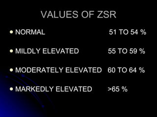 VALUES OF ZSR NORMAL  51 TO 54 % MILDLY ELEVATED  55 TO 59 % MODERATELY ELEVATED  60 TO 64 % MARKEDLY ELEVATED  >65 % 