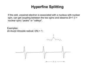 If the odd, unpaired electron is associated with a nucleus with nuclear
spin, can get coupling between the two spins and observe 2I+1 (I =
nuclear spin) “peaks” or “valleys”.
Examples:
di-t-butyl nitroxide radical; I(N) = 1;
Hyperfine Splitting
 