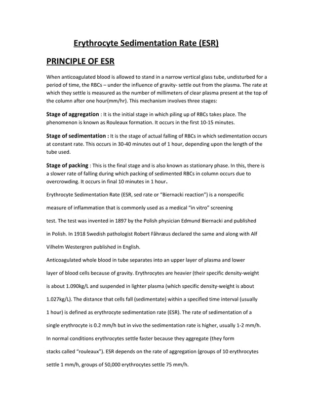 Esr Grading ESR (Erytrorocyte Sedimentation rate) | PDF